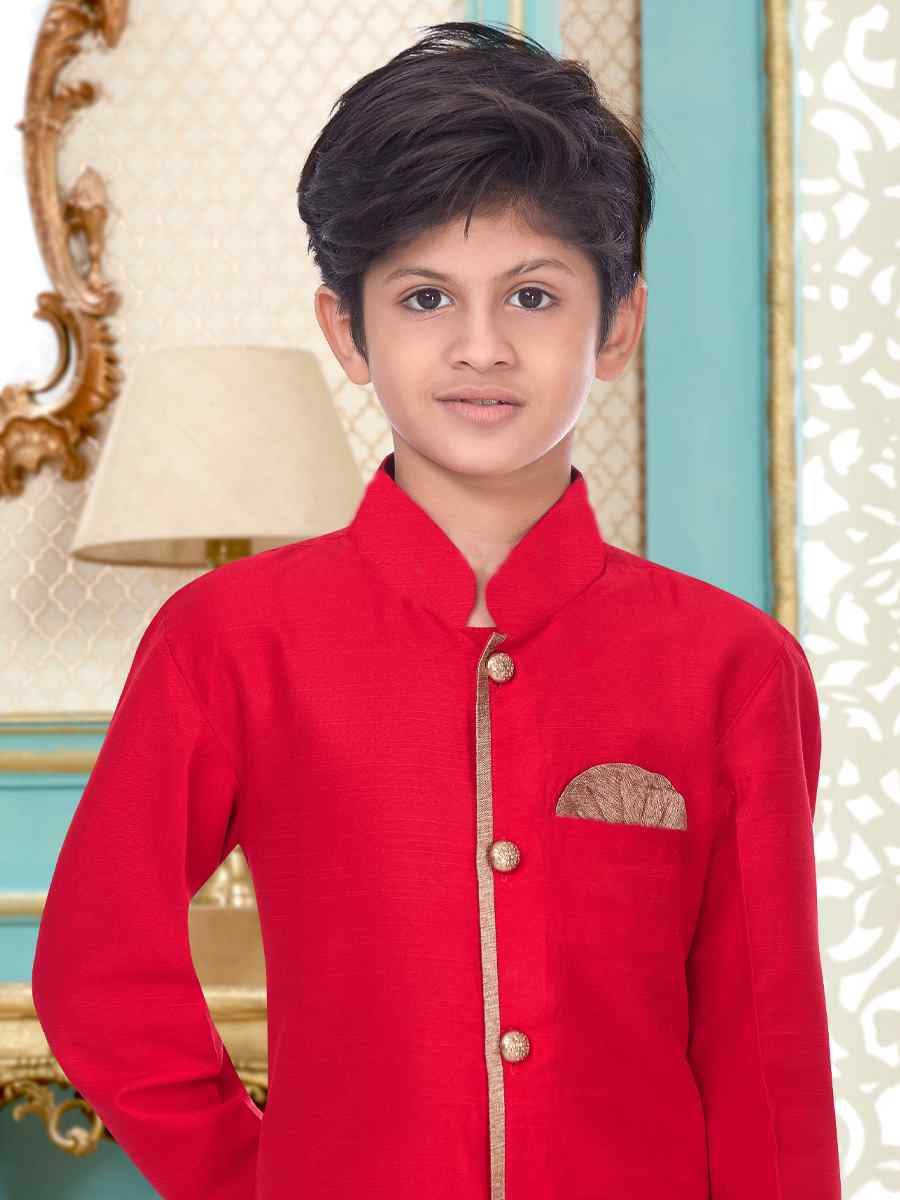 Red Dupion Silk Zardosi Festival Wedding Kurta Pyjama Boys Wear