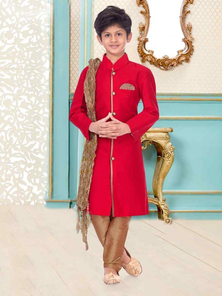 Red Dupion Silk Zardosi Festival Wedding Kurta Pyjama Boys Wear
