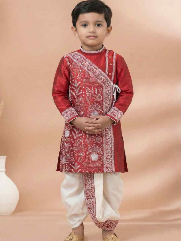 Image of Red Embroidery Festival Traditional Kurta Dhoti Boys Wear