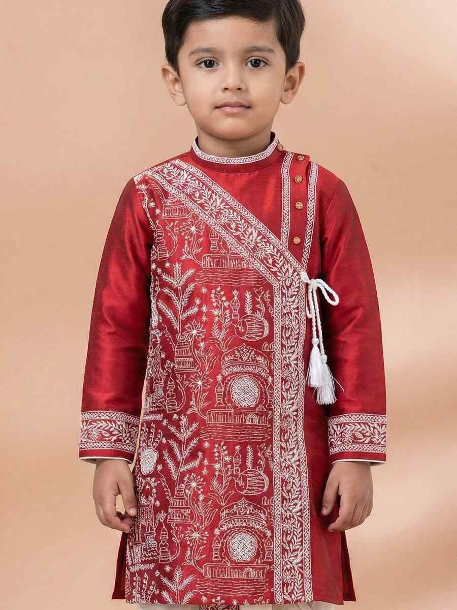 Red Embroidery Festival Traditional Kurta Dhoti Boys Wear