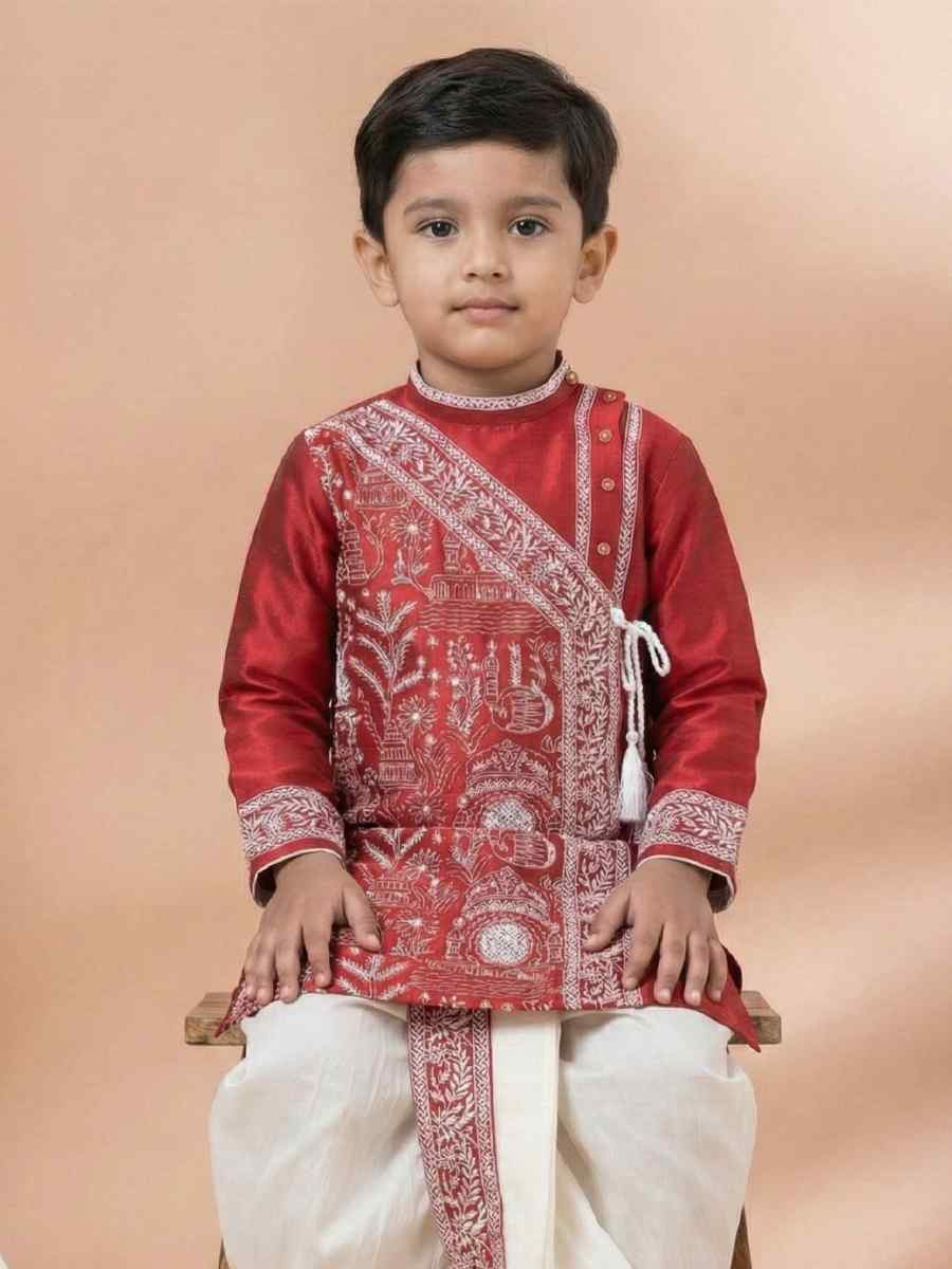 Red Embroidery Festival Traditional Kurta Dhoti Boys Wear