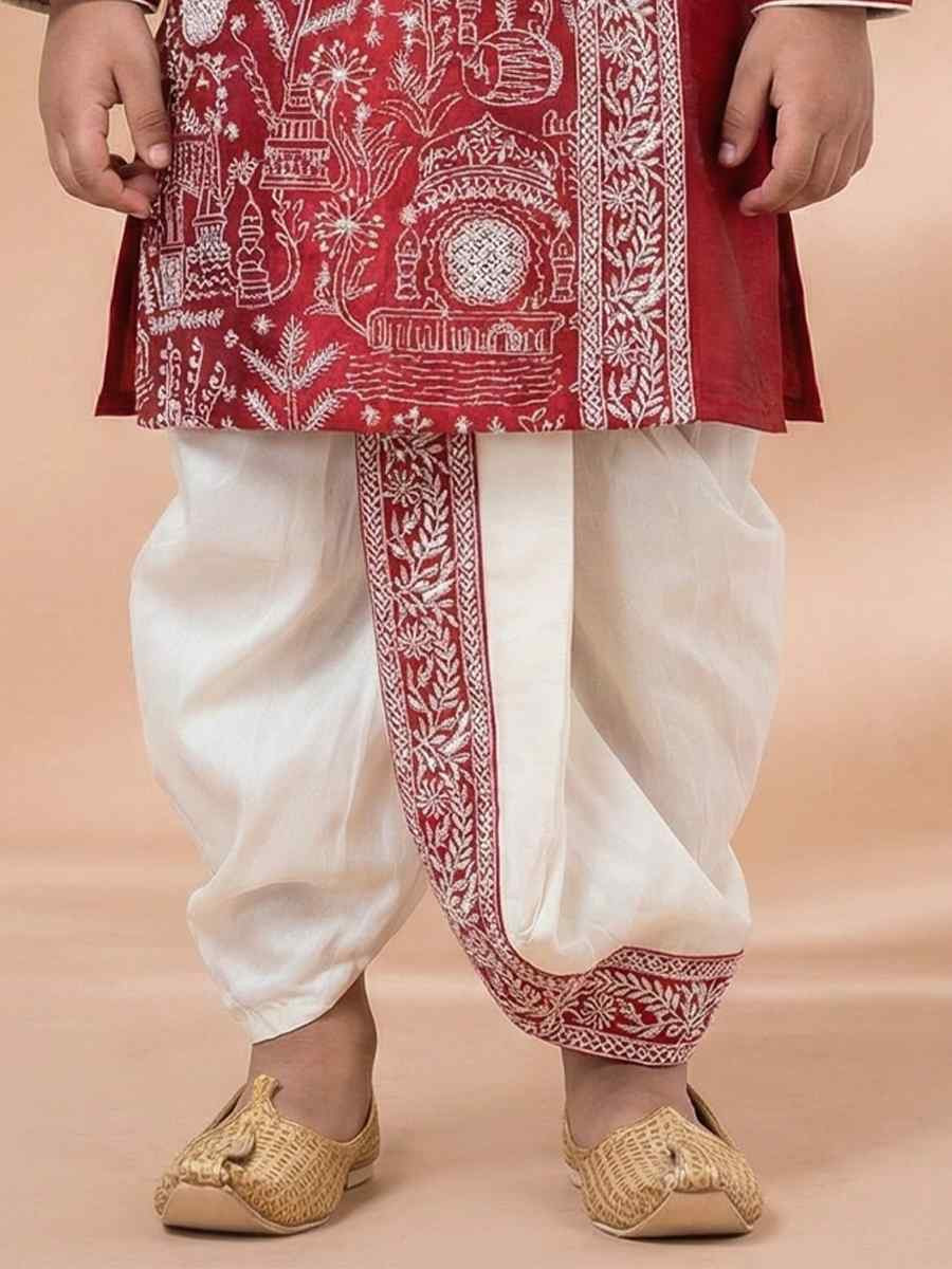 Red Embroidery Festival Traditional Kurta Dhoti Boys Wear