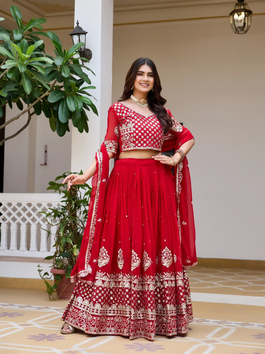 Red Embroidery Zari Sequins Wedding Reception Festival Ready Heavy Border Lehenga Choli