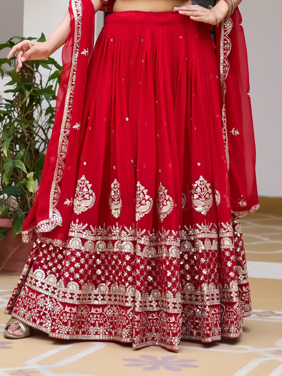 Red Embroidery Zari Sequins Wedding Reception Festival Ready Heavy Border Lehenga Choli