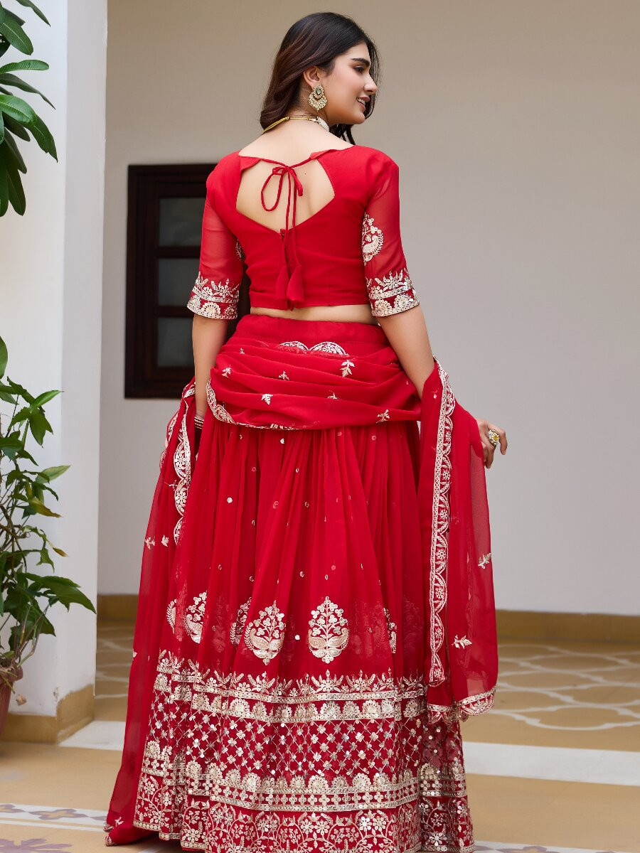 Red Embroidery Zari Sequins Wedding Reception Festival Ready Heavy Border Lehenga Choli