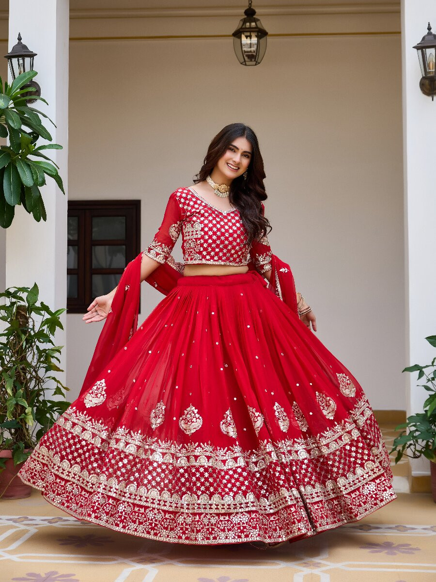 Red Embroidery Zari Sequins Wedding Reception Festival Ready Heavy Border Lehenga Choli