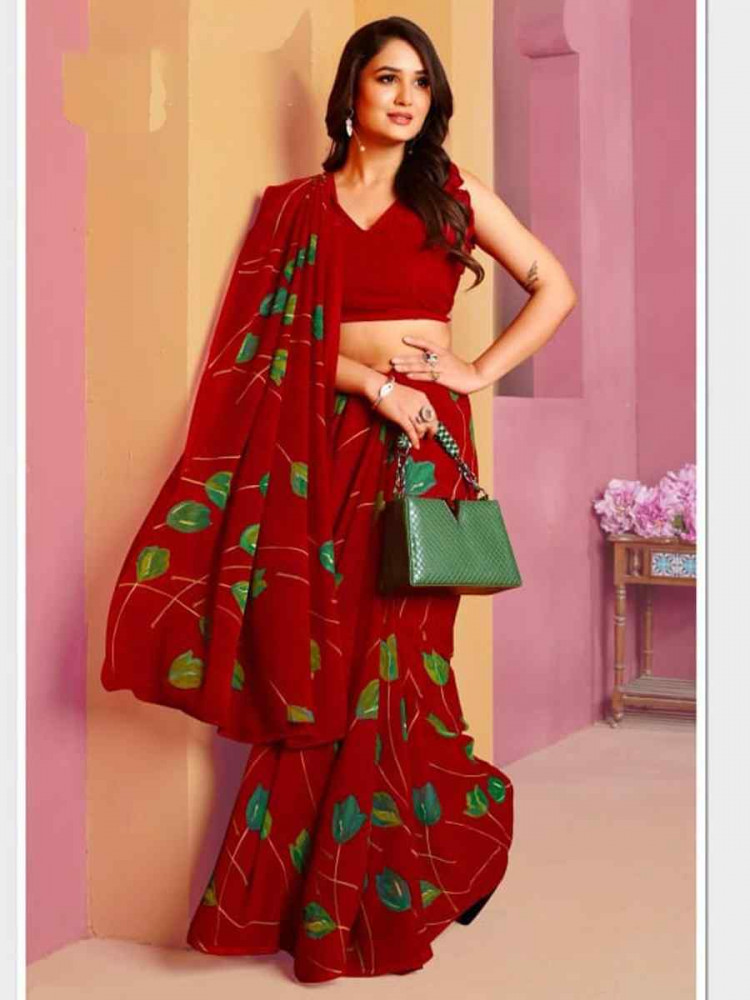 Red Fancy Georgette Printed Festival Wedding Fancy Heavy Border Saree