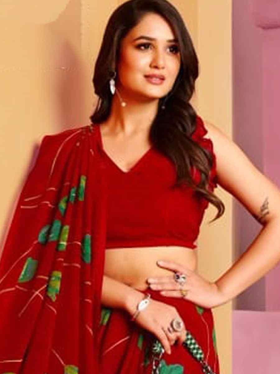 Red Fancy Georgette Printed Festival Wedding Fancy Heavy Border Saree