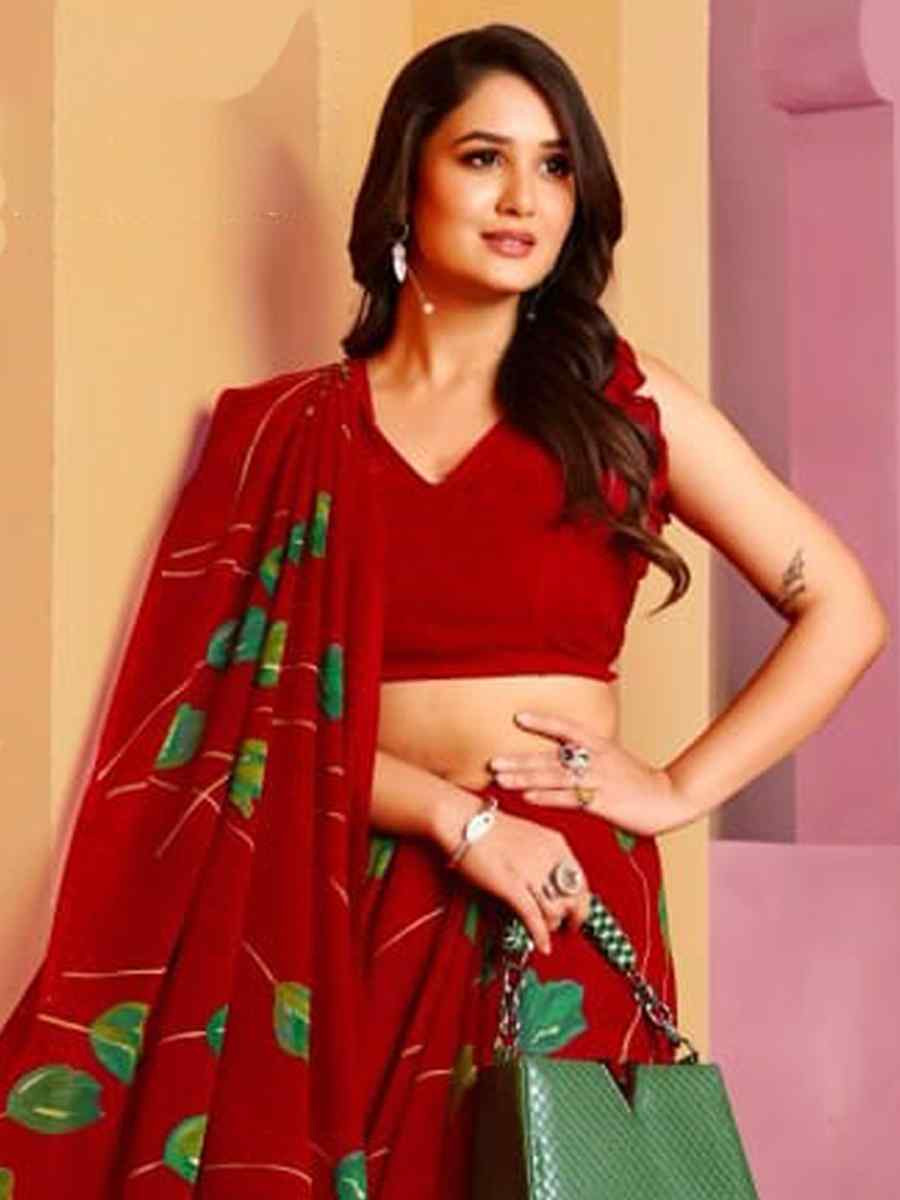 Red Fancy Georgette Printed Festival Wedding Fancy Heavy Border Saree