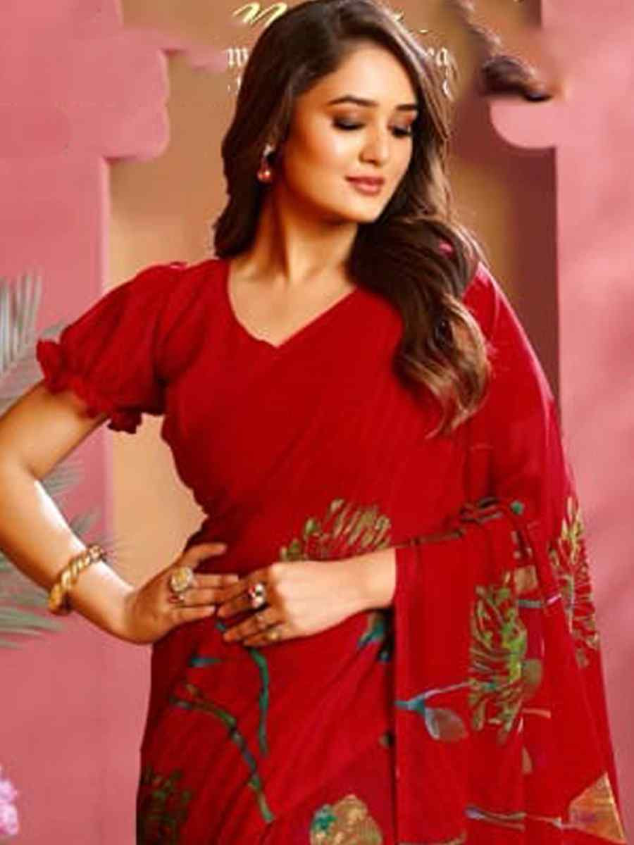 Red Fancy Georgette Printed Festival Wedding Fancy Heavy Border Saree