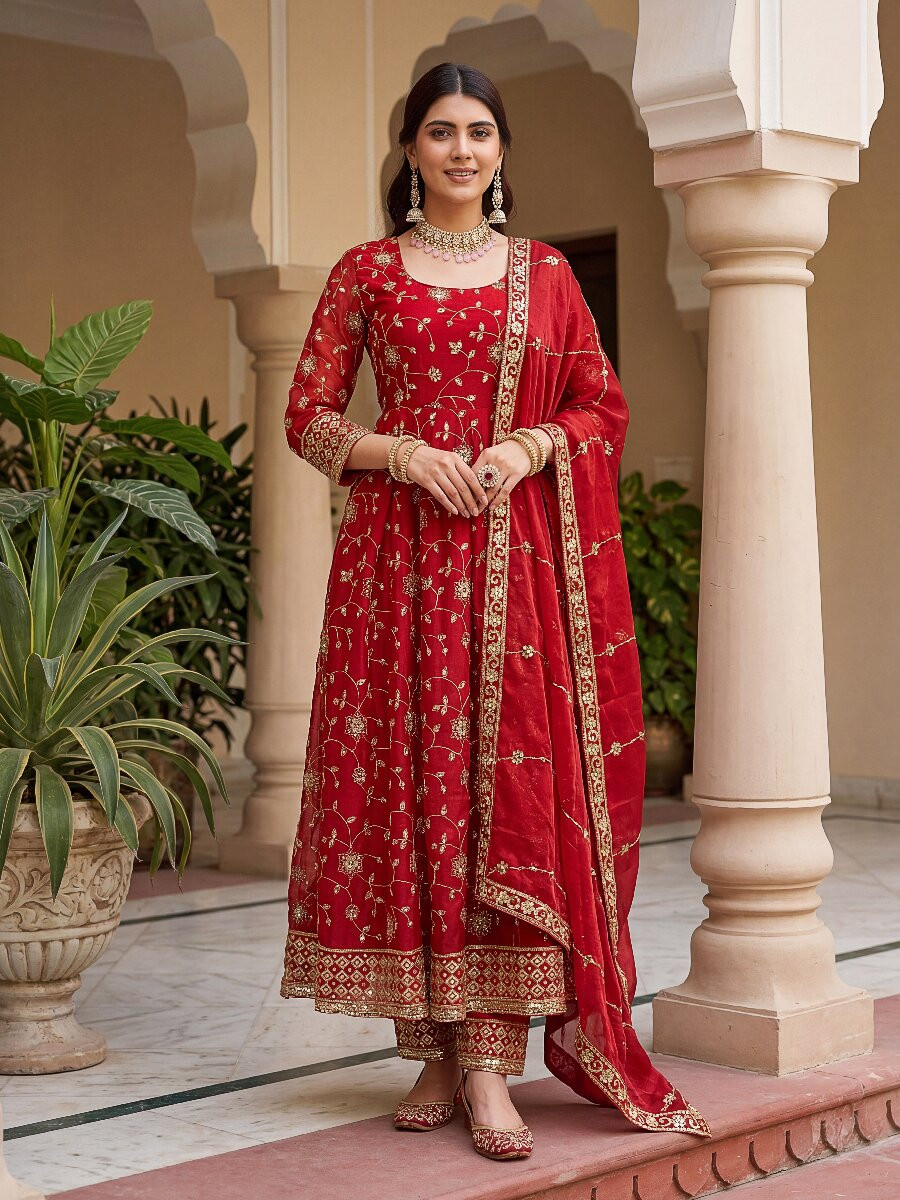 Red Fandy Silk Embroidery Zari Sequins Lace Work Wedding Party Festival Casual Ready Anarkali Pant Salwar Kameez