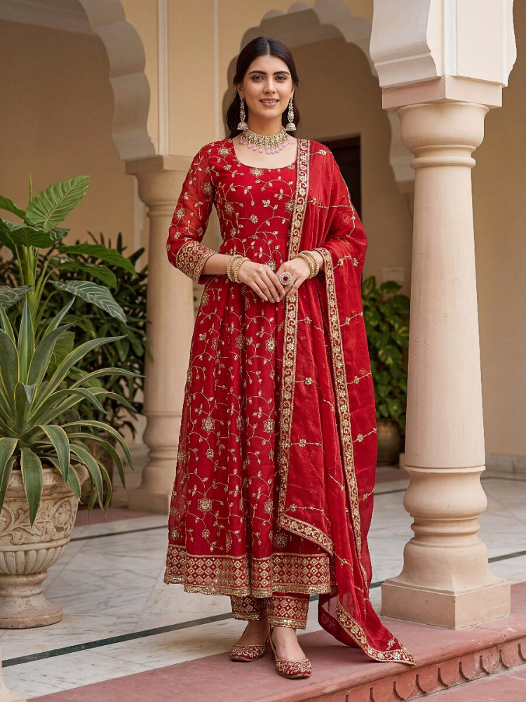 Image of Red Fandy Silk Embroidery Zari Sequins Lace Work Wedding Party Festival Casual Ready Anarkali Pant Salwar Kameez