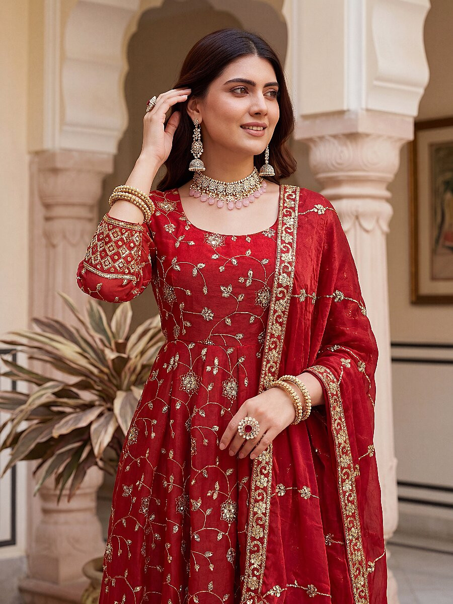 Red Fandy Silk Embroidery Zari Sequins Lace Work Wedding Party Festival Casual Ready Anarkali Pant Salwar Kameez