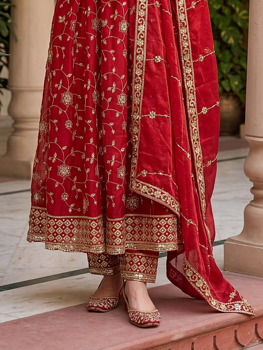 Red Fandy Silk Embroidery Zari Sequins Lace Work Wedding Party Festival Casual Ready Anarkali Pant Salwar Kameez