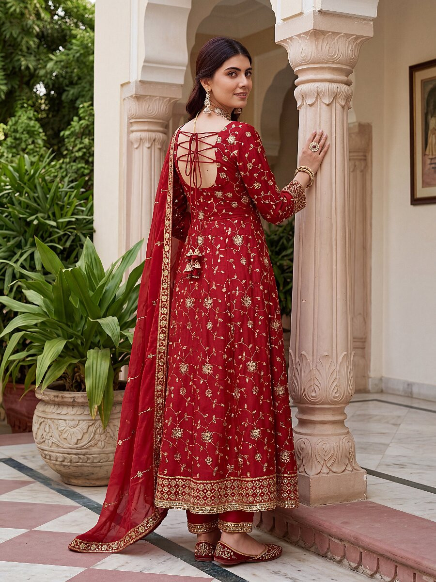 Red Fandy Silk Embroidery Zari Sequins Lace Work Wedding Party Festival Casual Ready Anarkali Pant Salwar Kameez