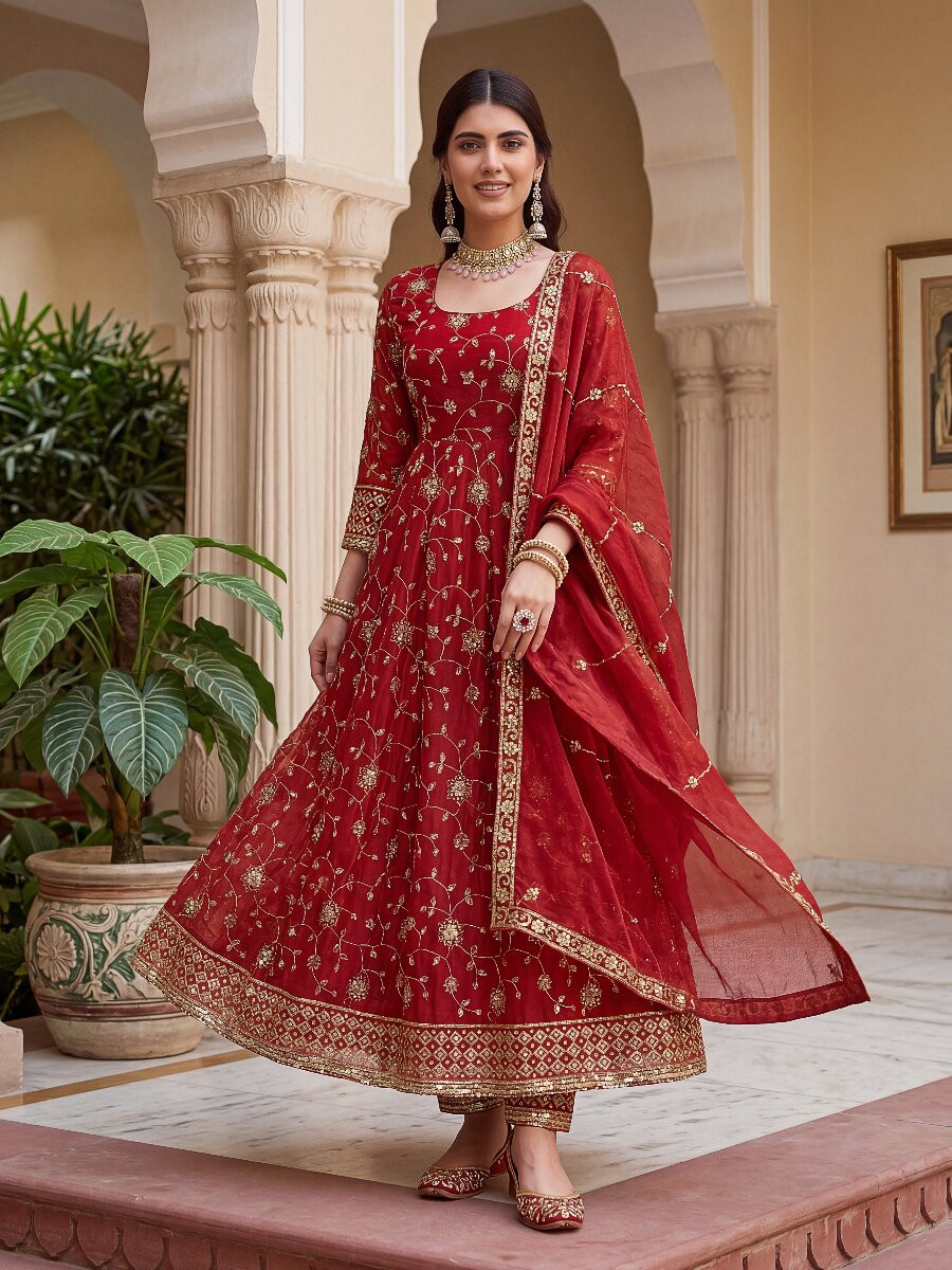 Red Fandy Silk Embroidery Zari Sequins Lace Work Wedding Party Festival Casual Ready Anarkali Pant Salwar Kameez