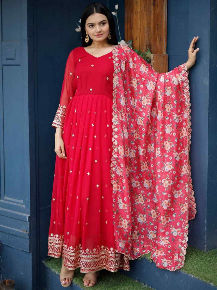 Red Faux Blooming Georgette Embroidered Festival Party Gown