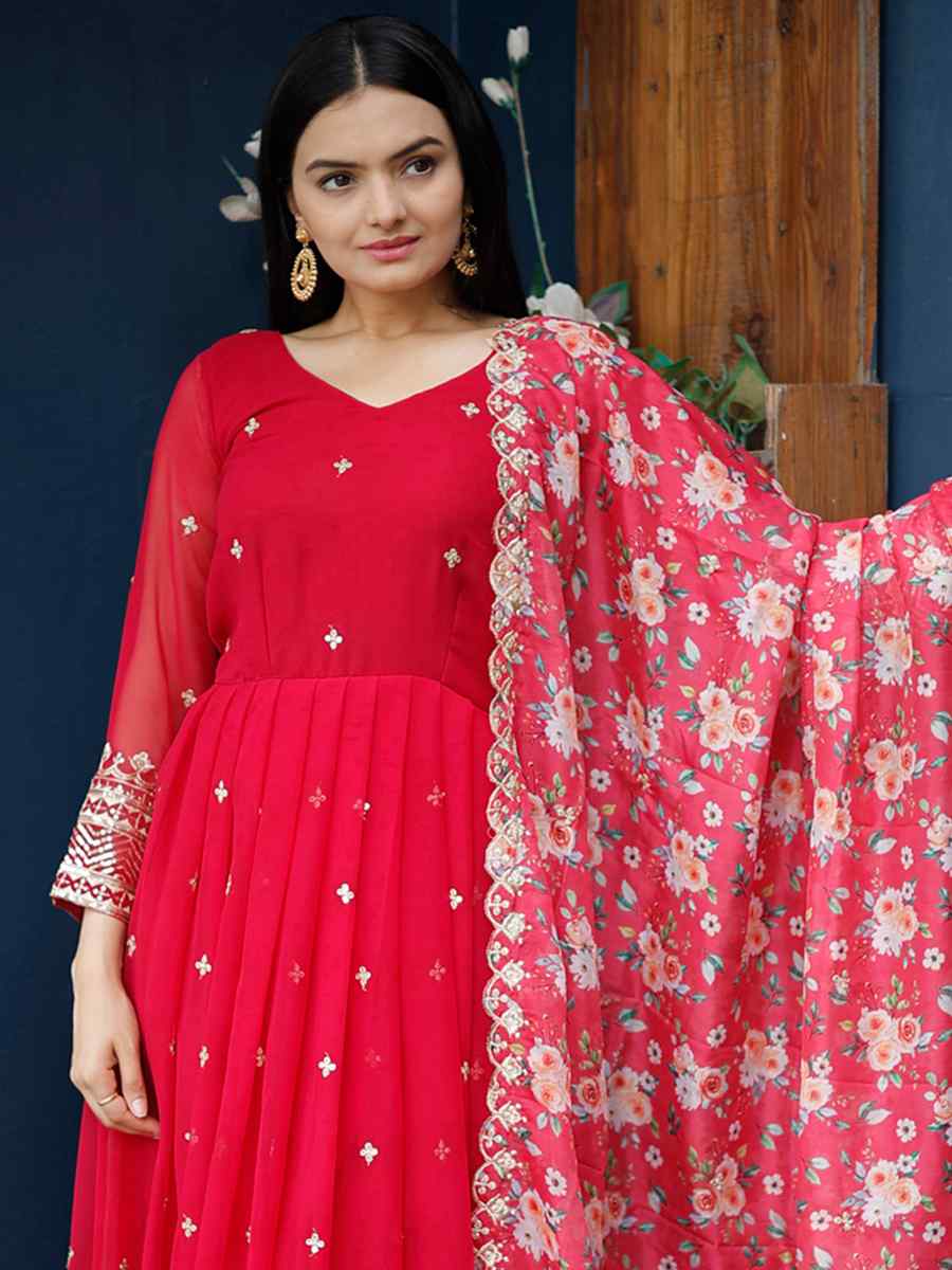 Red Faux Blooming Georgette Embroidered Festival Party Gown