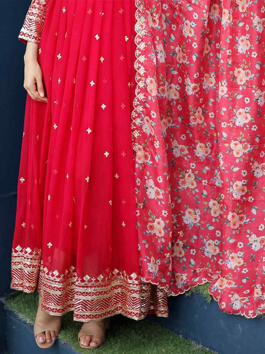 Red Faux Blooming Georgette Embroidered Festival Party Gown