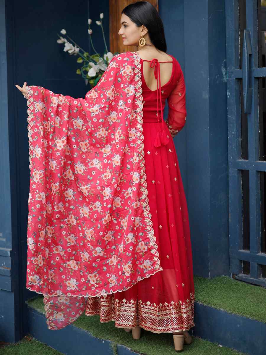 Red Faux Blooming Georgette Embroidered Festival Party Gown