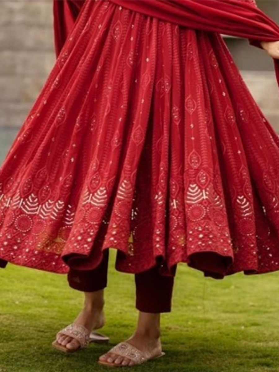 Red Faux Georgette Embroidered Festival Bridesmaid Ready Anarkali Salwar Kameez