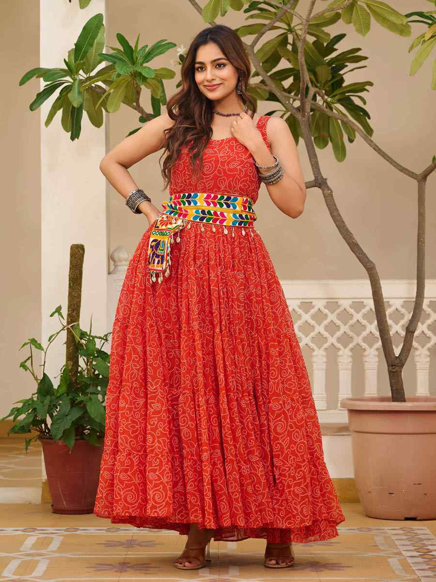 Red Faux Georgette Embroidered Festival Casual Gown