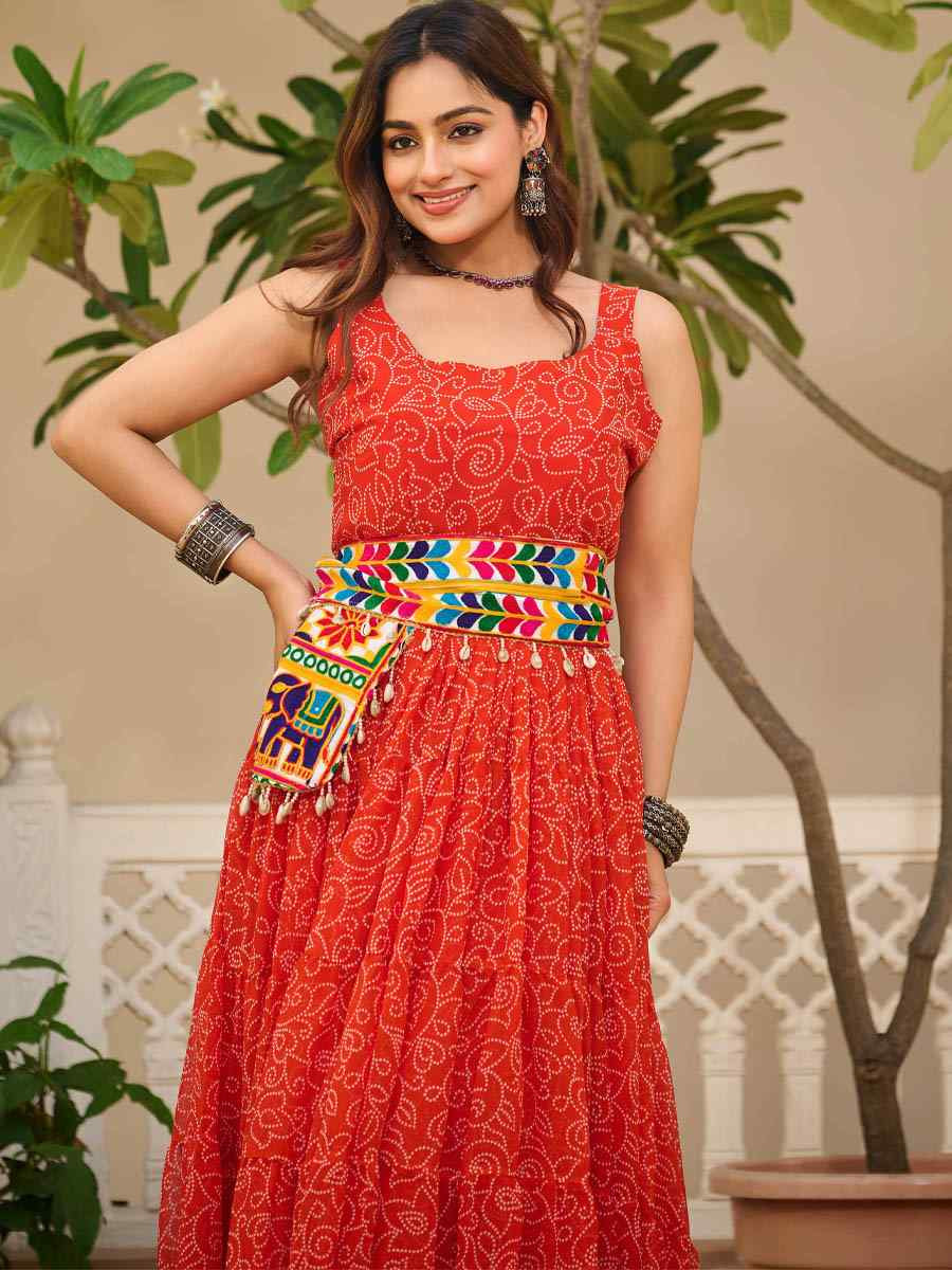 Red Faux Georgette Embroidered Festival Casual Gown