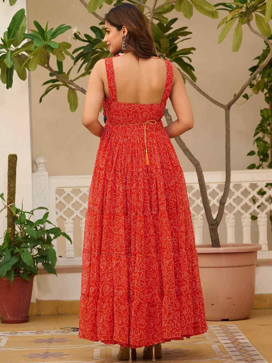 Red Faux Georgette Embroidered Festival Casual Gown
