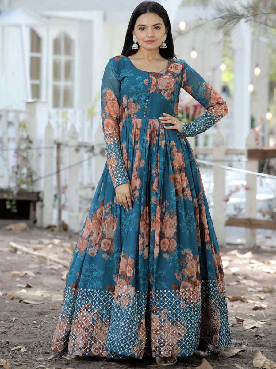 Rama Faux Georgette Embroidered Festival Casual Gown