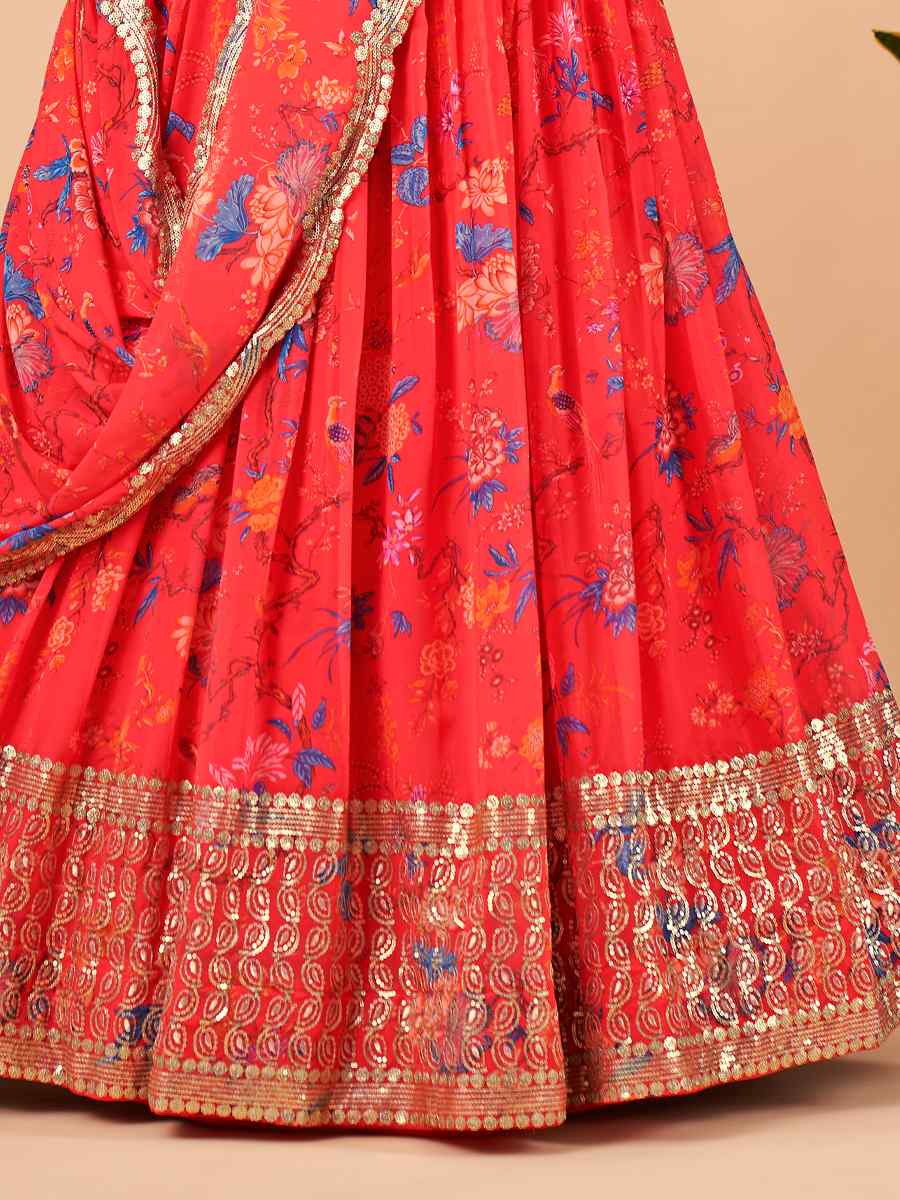 Red Faux Georgette Embroidered Festival Mehendi Circular Lehenga Choli