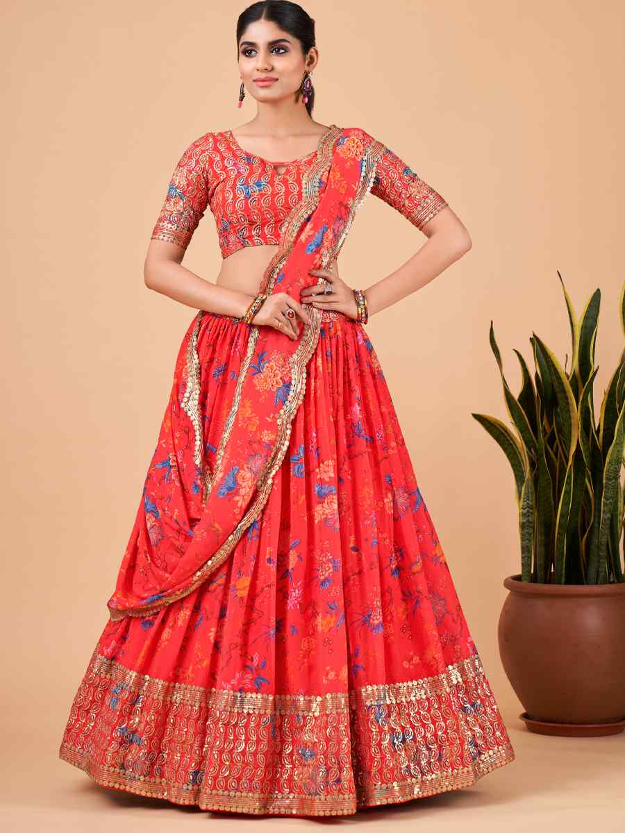 Red Faux Georgette Embroidered Festival Mehendi Circular Lehenga Choli