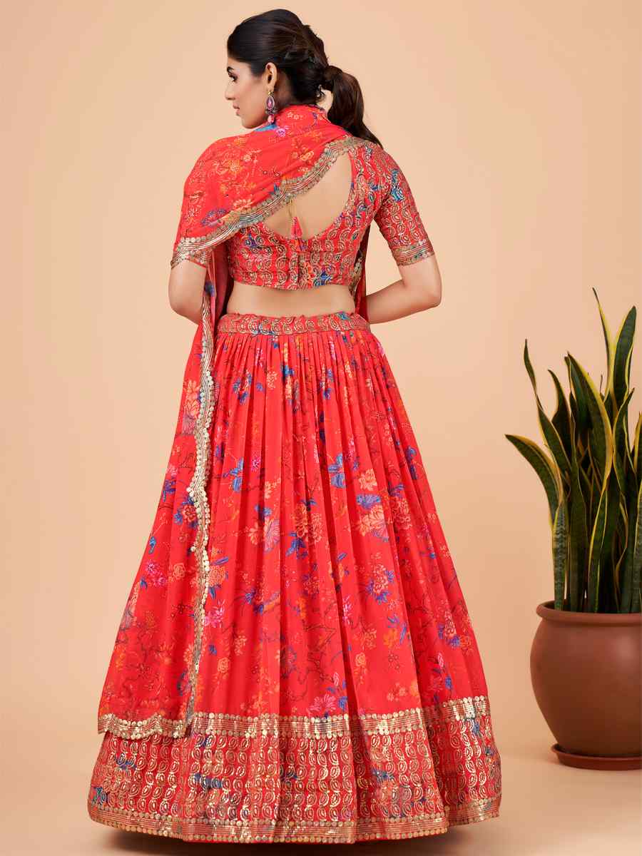 Red Faux Georgette Embroidered Festival Mehendi Circular Lehenga Choli