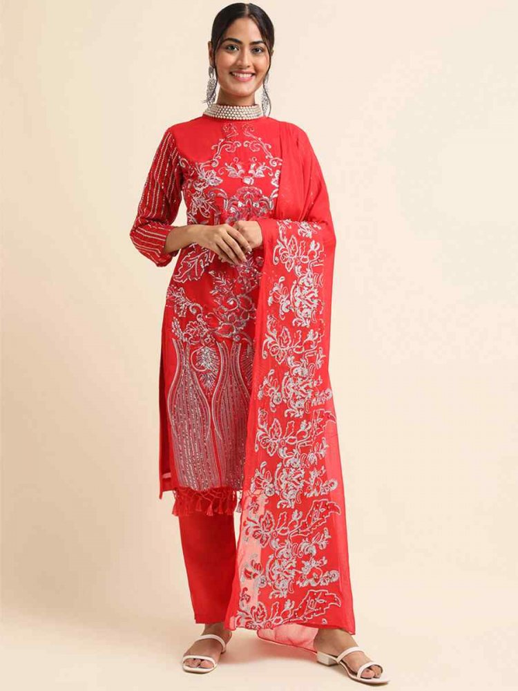 Red Faux Georgette Embroidered Festival Party Pant Salwar Kameez