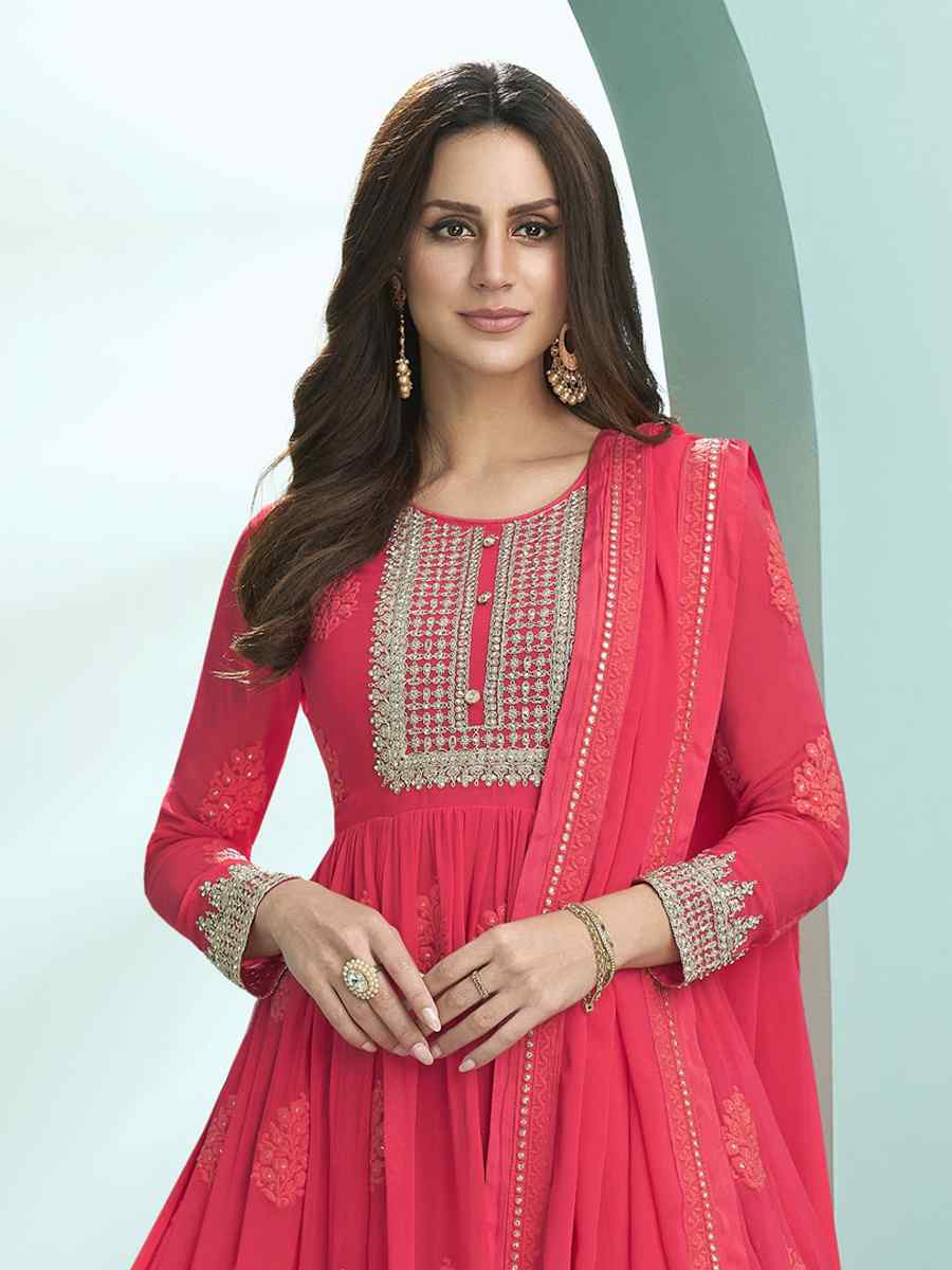 Red Faux Georgette Embroidered Festival Wedding Anarkali Salwar Kameez