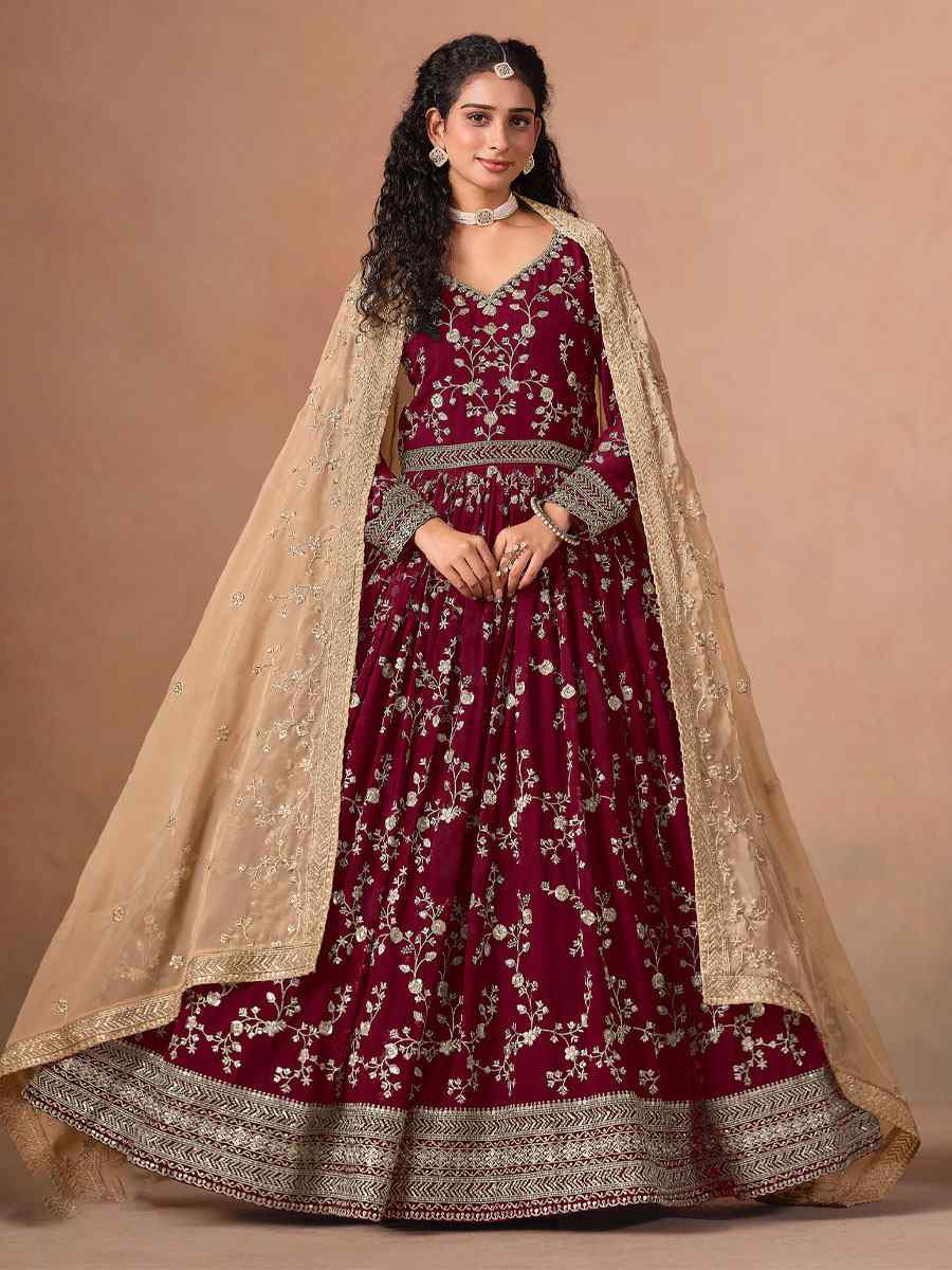 Red Faux Georgette Embroidered Festival Wedding Anarkali Salwar Kameez
