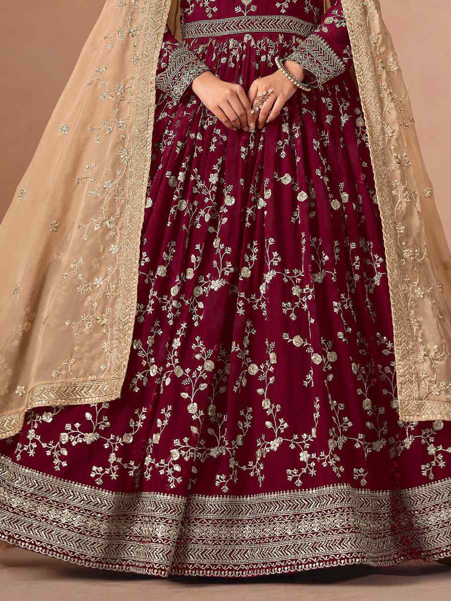 Red Faux Georgette Embroidered Festival Wedding Anarkali Salwar Kameez