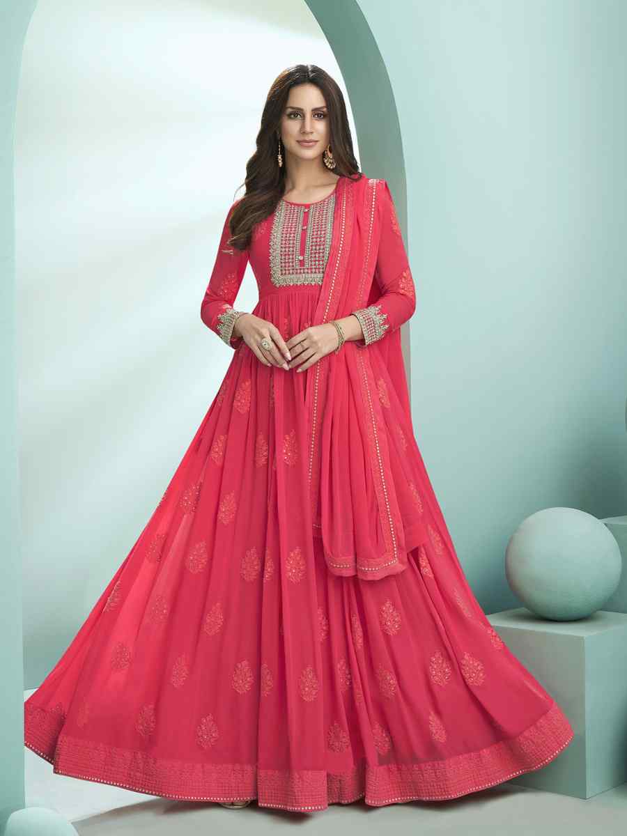 Red Faux Georgette Embroidered Festival Wedding Anarkali Salwar Kameez