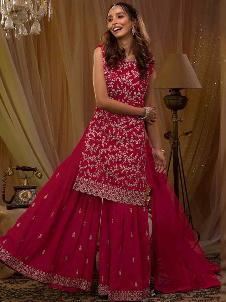 Red Faux Georgette Embroidered Festival Wedding Sharara Pant Salwar Kameez