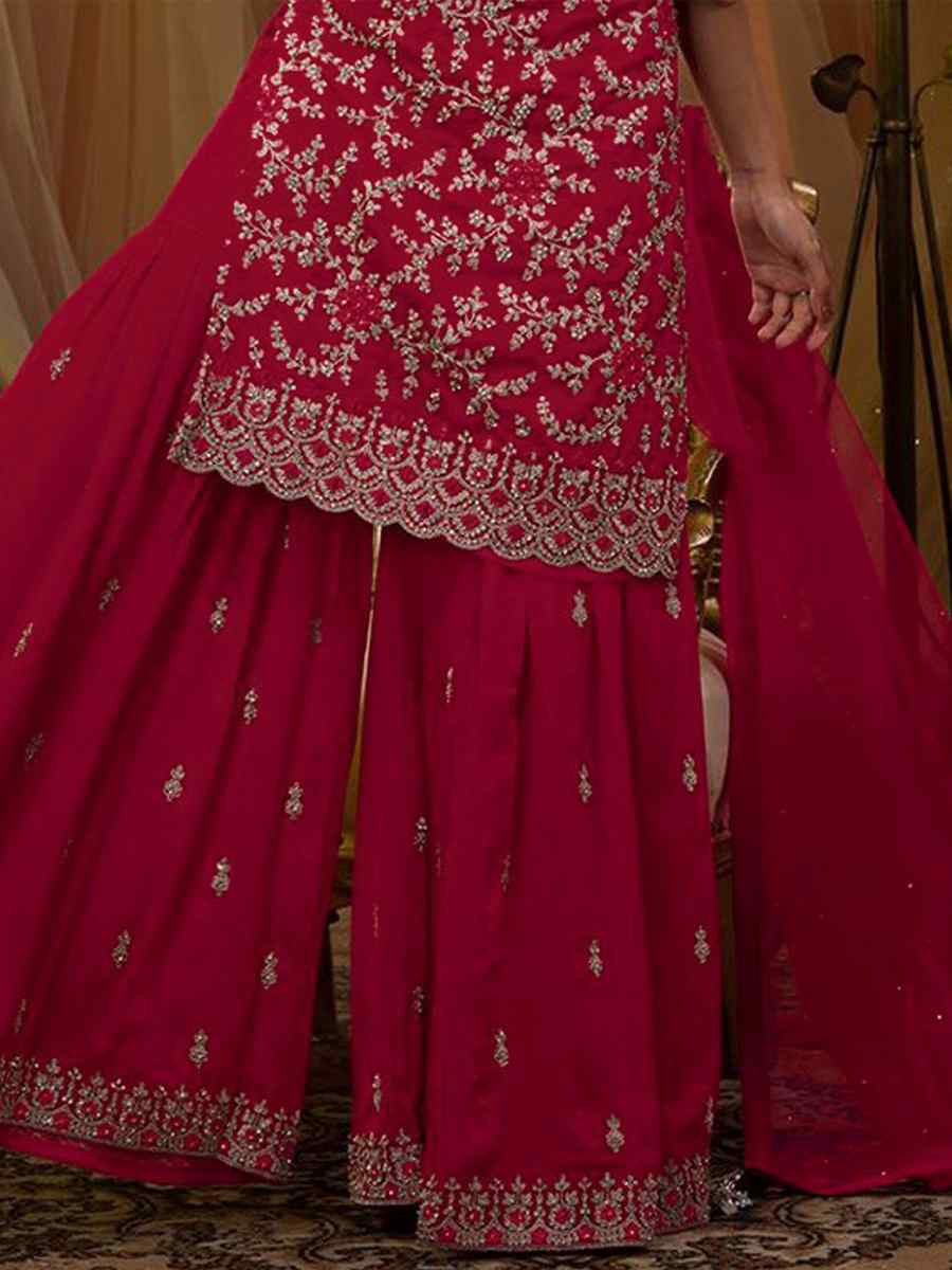 Red Faux Georgette Embroidered Festival Wedding Sharara Pant Salwar Kameez