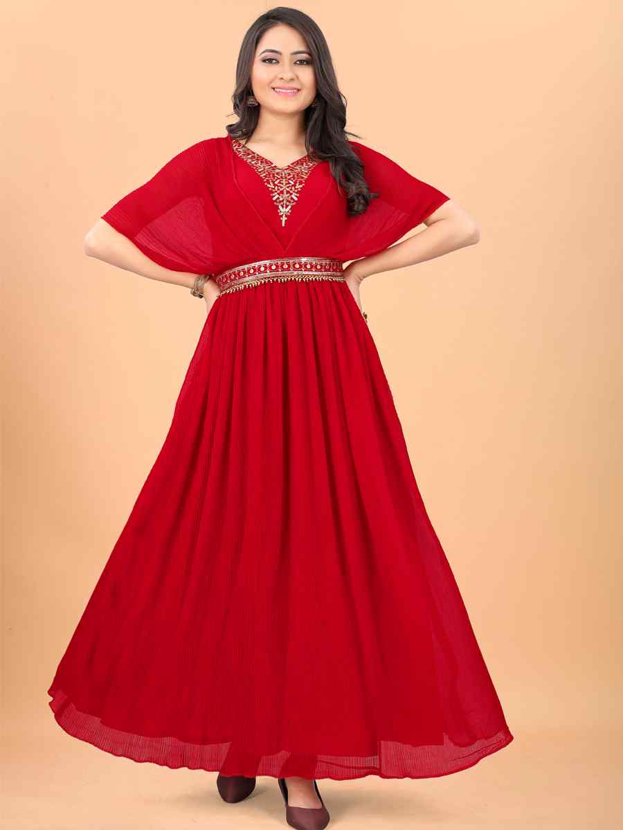 Red Faux Georgette Embroidered Party Gown