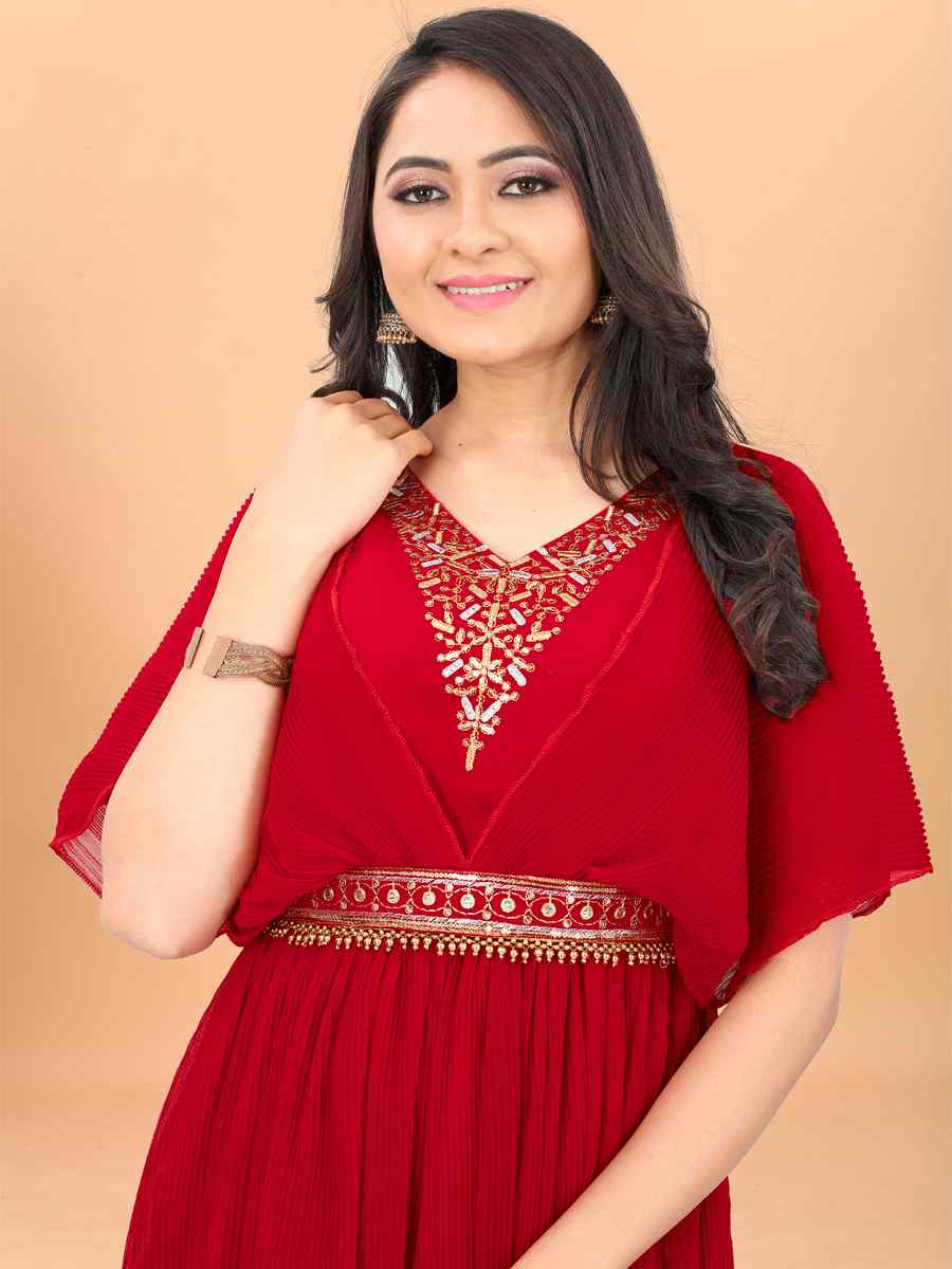 Red Faux Georgette Embroidered Party Gown