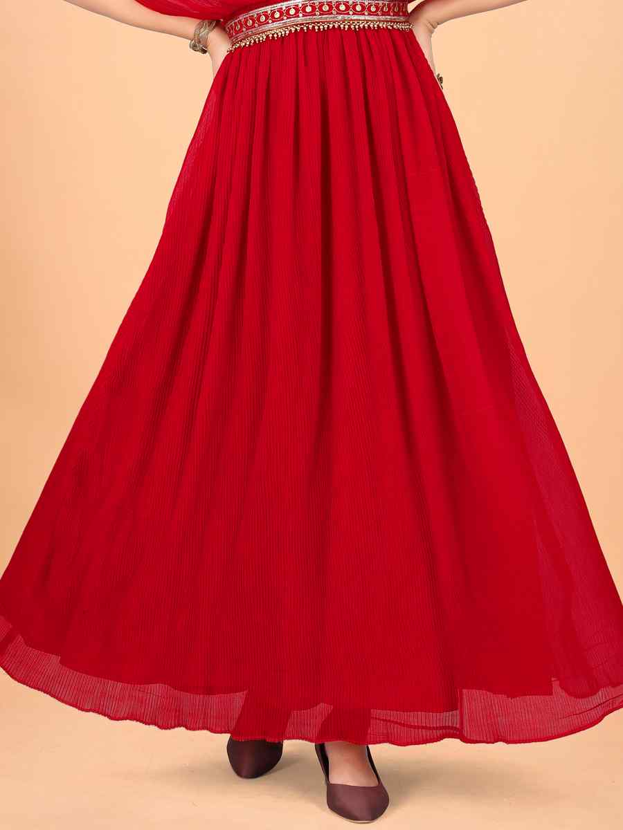 Red Faux Georgette Embroidered Party Gown