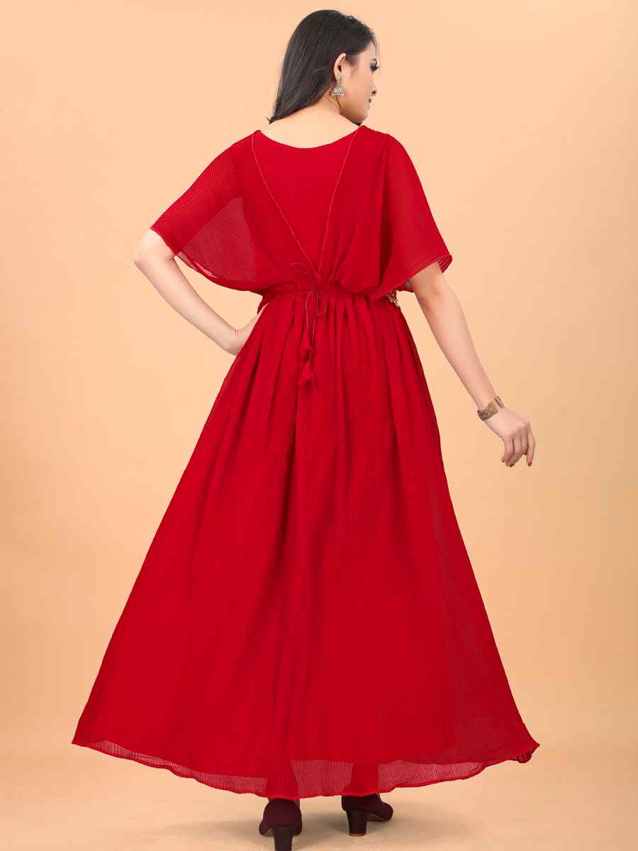Red Faux Georgette Embroidered Party Gown