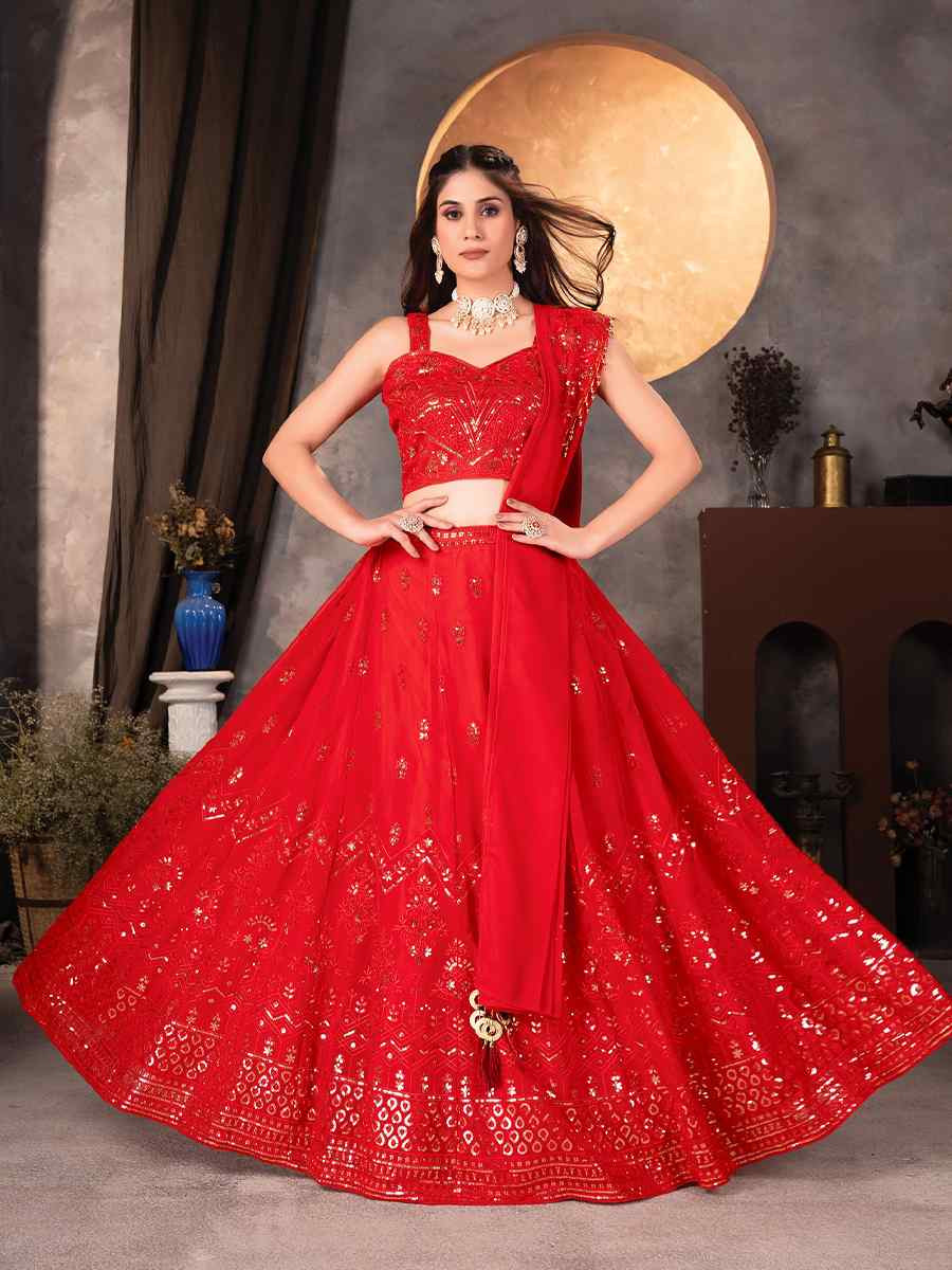 Red Faux Georgette Embroidered Wedding Festival Heavy Border Lehenga Choli