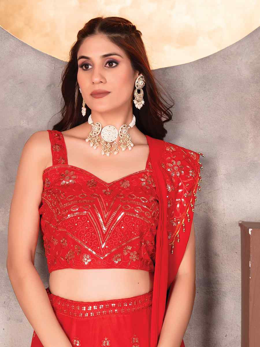 Red Faux Georgette Embroidered Wedding Festival Heavy Border Lehenga Choli