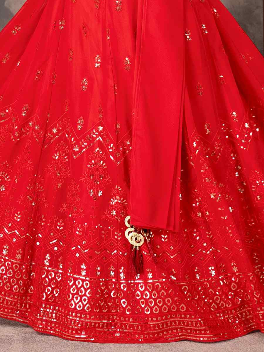 Red Faux Georgette Embroidered Wedding Festival Heavy Border Lehenga Choli