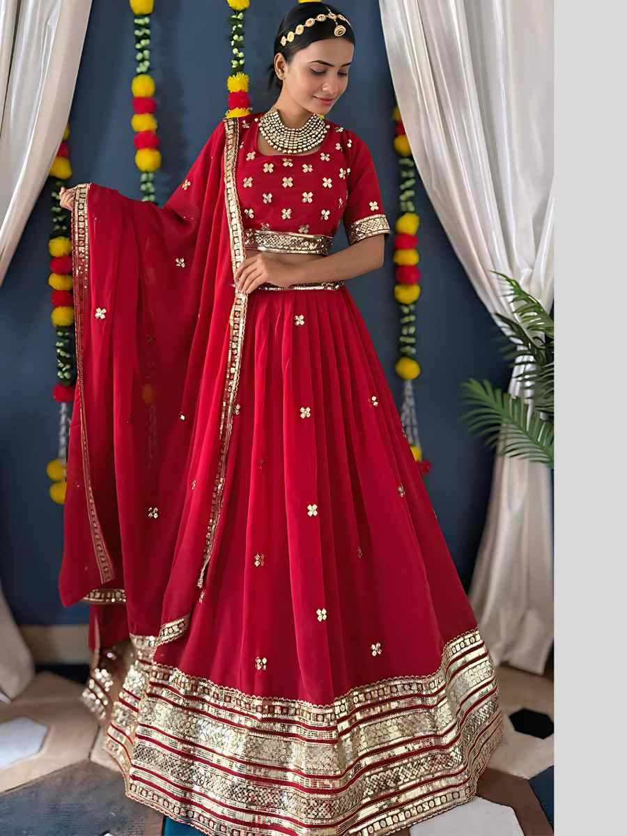 Red Faux Georgette Embroidered Wedding Festival Heavy Border Lehenga Choli