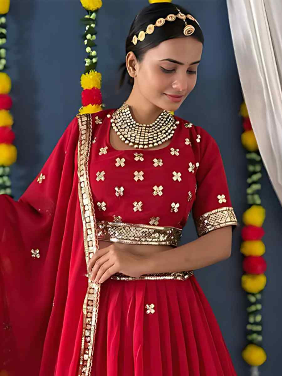 Red Faux Georgette Embroidered Wedding Festival Heavy Border Lehenga Choli