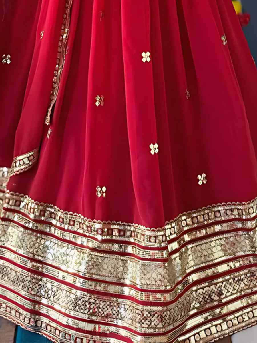 Red Faux Georgette Embroidered Wedding Festival Heavy Border Lehenga Choli