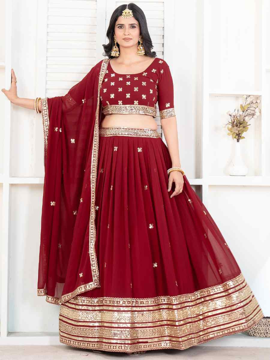 Red Faux Georgette Embroidered Wedding Festival Heavy Border Lehenga Choli